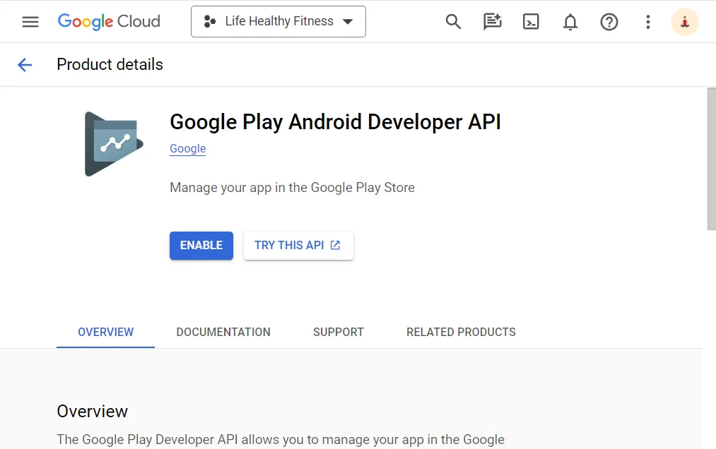 Google Cloud Console showing the Google Play Android Developer API page with the Enable button