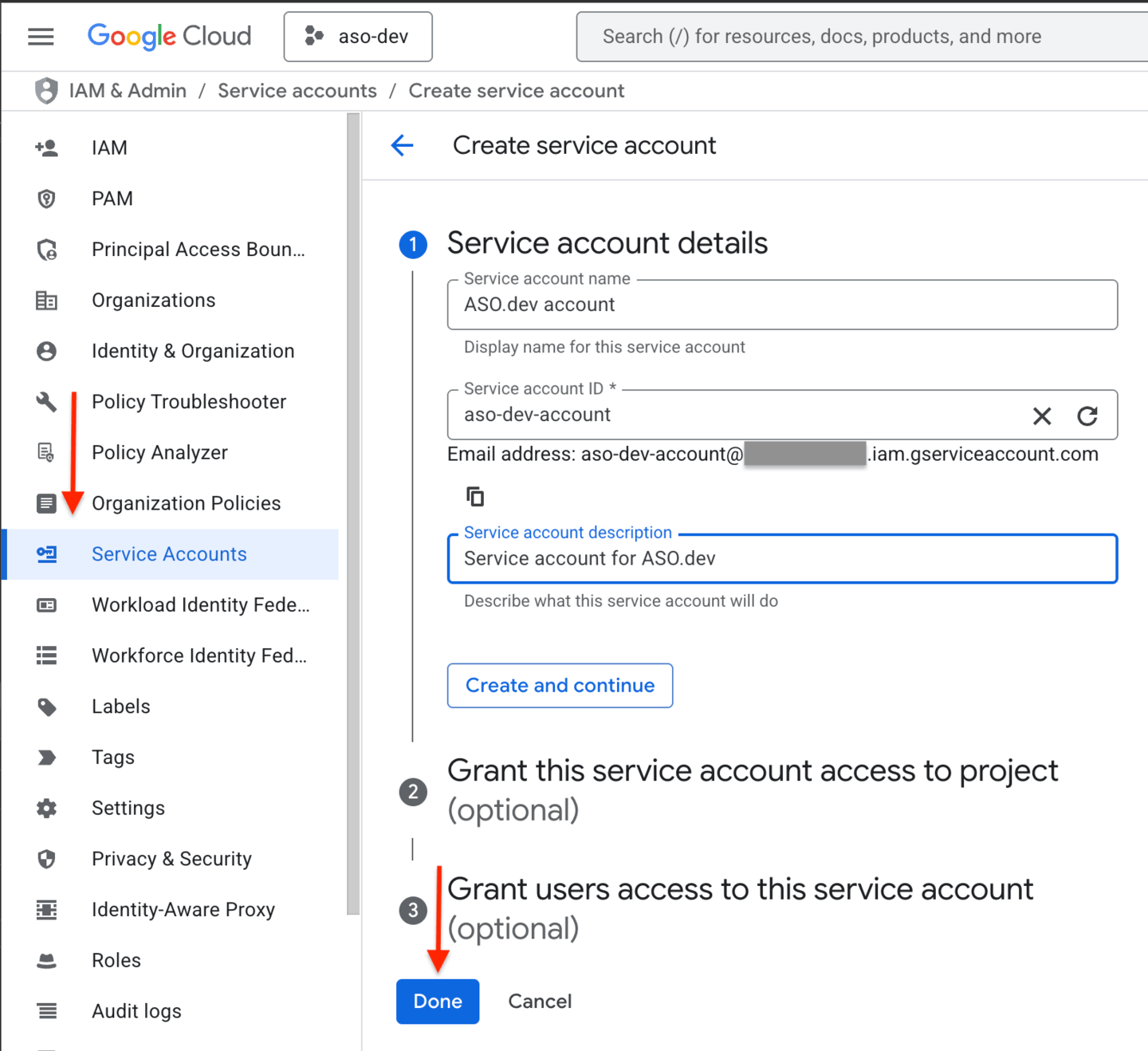 Google Cloud Console showing the Create Service Account form with name and email fields