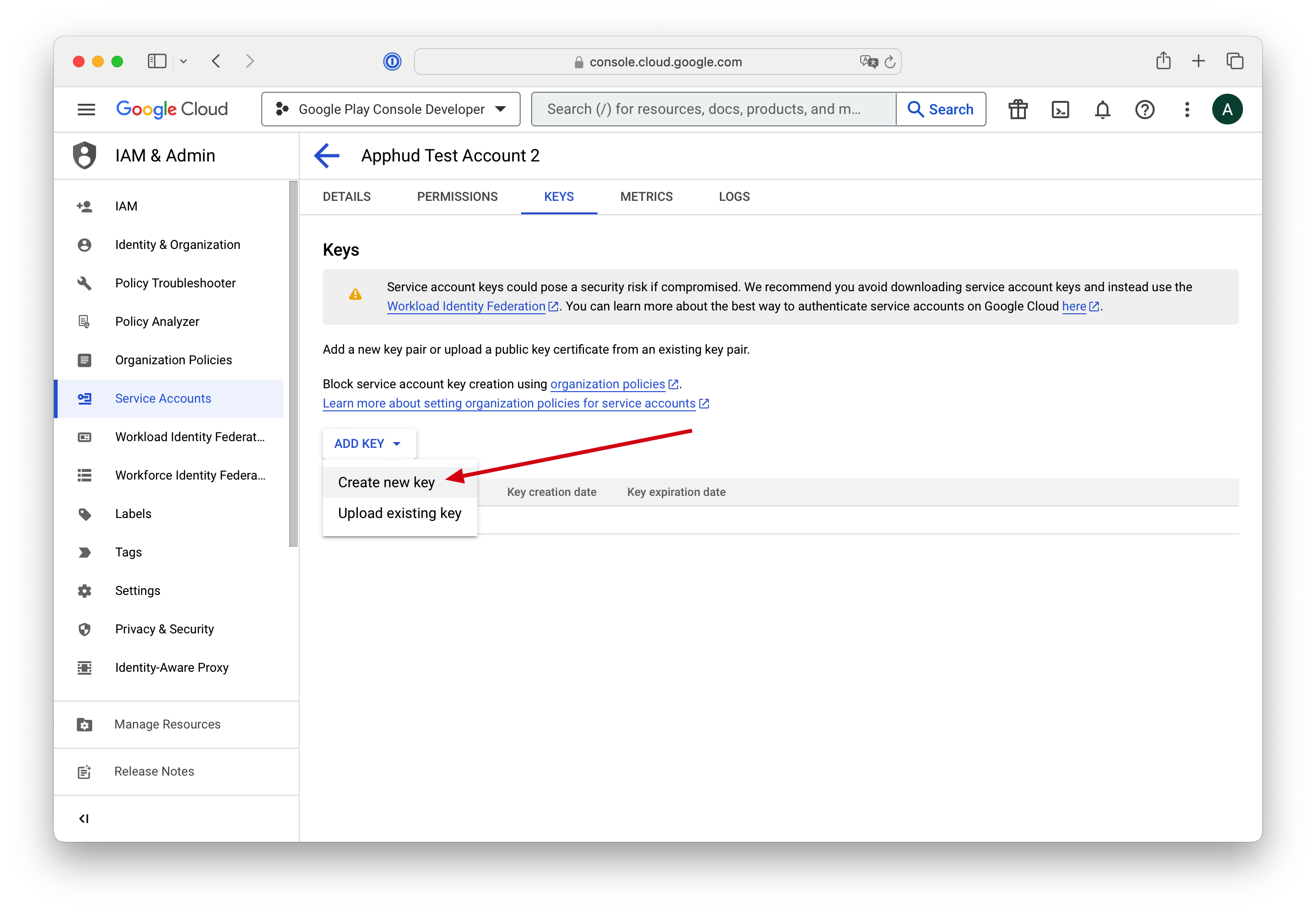 Google Cloud Console showing the Service Account Keys tab with the Add Key dropdown and Create new key option