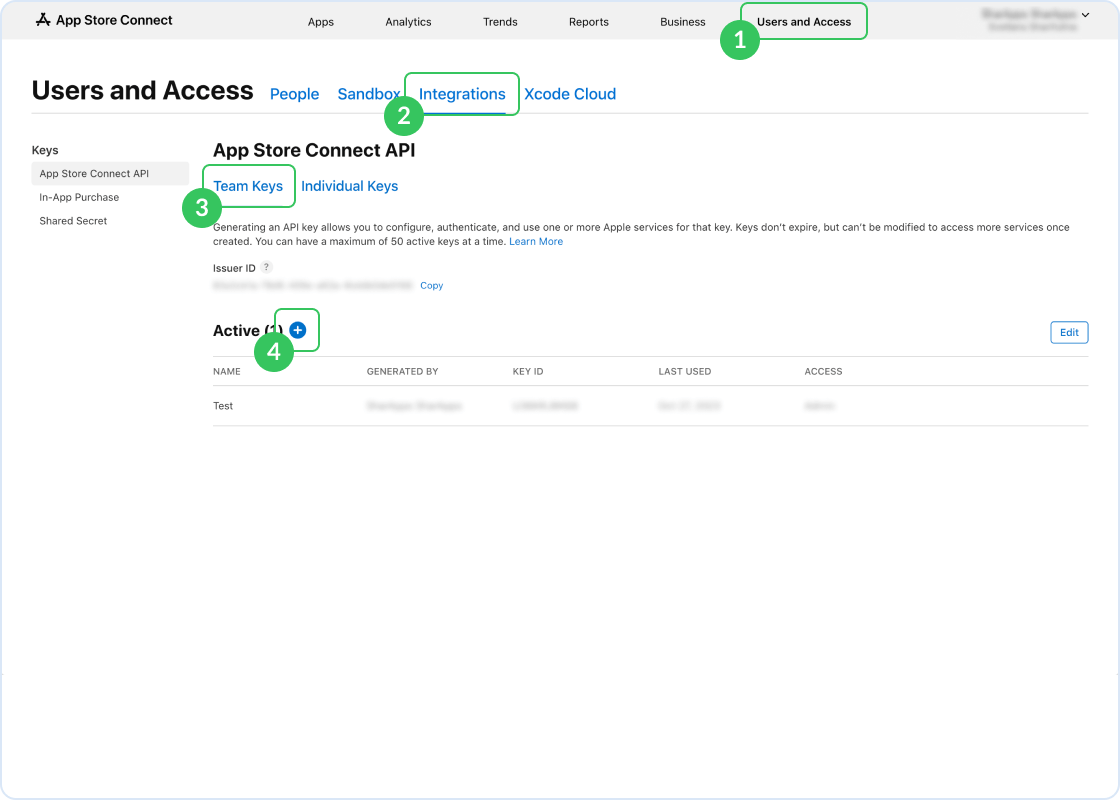 App Store Connect showing the Users and Access page with the Integrations tab and Team Keys section