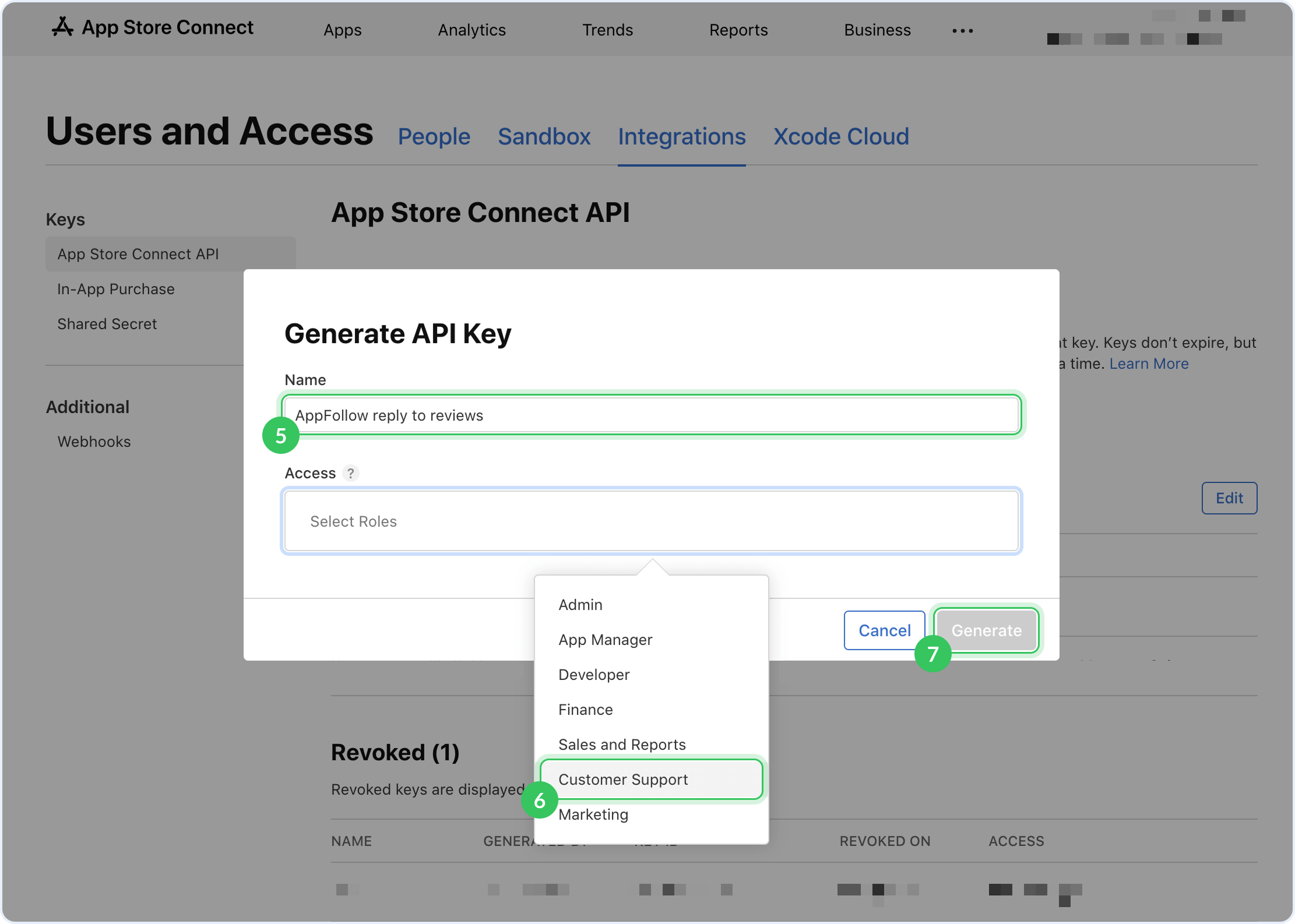 App Store Connect showing the Generate API Key dialog with name and access level fields
