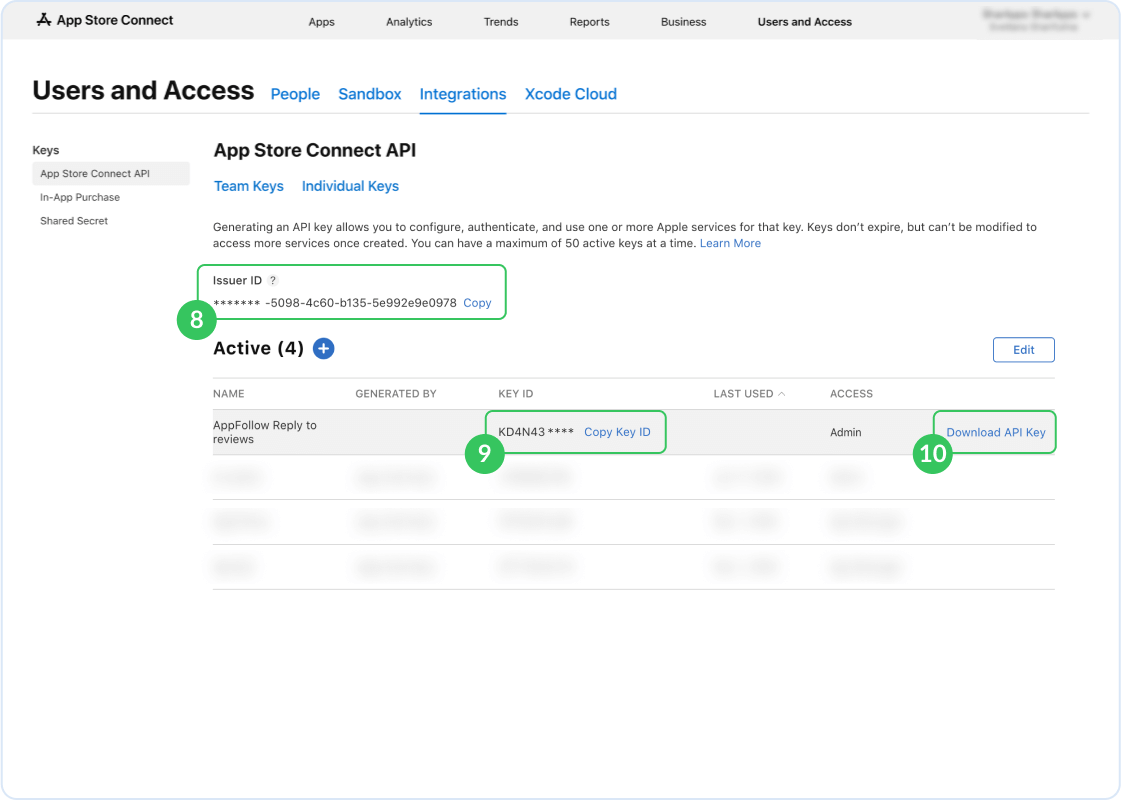 App Store Connect showing the key details with Issuer ID, Key ID, and Download API Key button highlighted